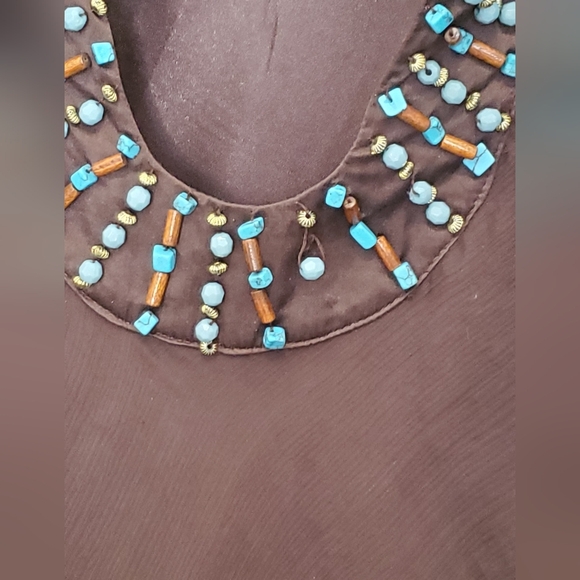 💚5/$25 Caché Silk Dark Brown Beaded Embellished Sleeveless Blouse Size Medium - Picture 8 of 8